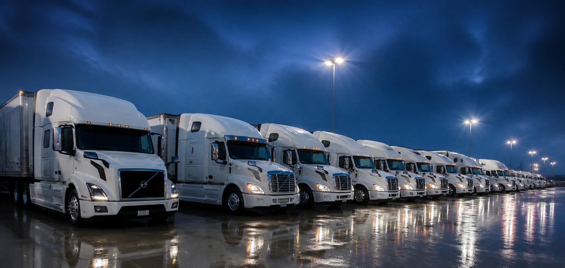 Fleet of modern Volvo and Freightliner sleeper trucks at a terminal