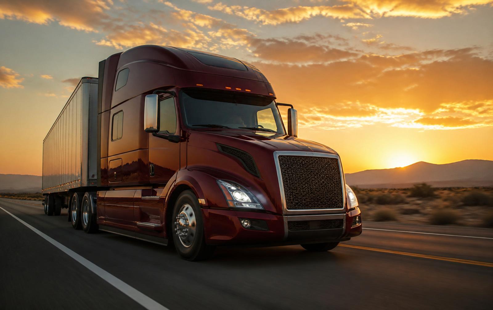 Premium red Volvo VNL owner-operator truck at sunset